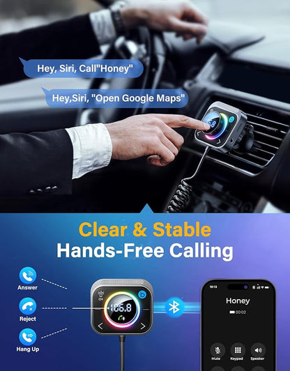JOYROOM 66W Bluetooth 5.4 Car Adapter Aux with 3 Charging Ports【PD 30W & 2 * 18W】【Air Vent Installation for Safe】 Deep HiFi Bass Player Wireless Radio FM Transmitter for Car with Colorful LED Light