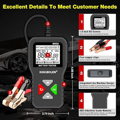 KINGBOLEN BM550 6V 12V 24V Car Battery Tester, 100-2000 CCA Voltage Tester 2Ah-220Ah Internal Resistance Tester Accurate Digital Auto Battery Analyzer for Cars Trucks SUV ATV Boats Motorcycles Vehicle