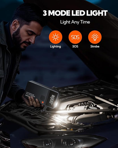 Car Battery Jump Starter with Air Compressor,44.4Wh Battery Jump Box with Tire Inflator,Car Jump Booster with Smart Jumper Cables,LED Light Emergency Car Kits for Vehicles,Arrancador Ae Batería
