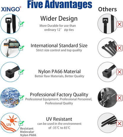 XINGO 12 Inch White Zip Ties(1200 Pack), 75 LBS Ultra Strong Tensile Strength, UV Resistant Cable Ties, Self-locking Plastic Ties for Indoor and Outdoor Use