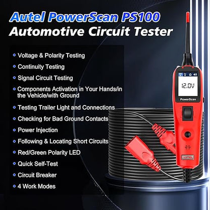 Autel PowerScan PS100 Power Circuit Probe Tester, Breaker Finder, 12V 24V Automotive Electrical Diagnostic Tool with 20ft Extension Cable, AVOmeter, Test Light, Continuity Checker, for 99% Cars