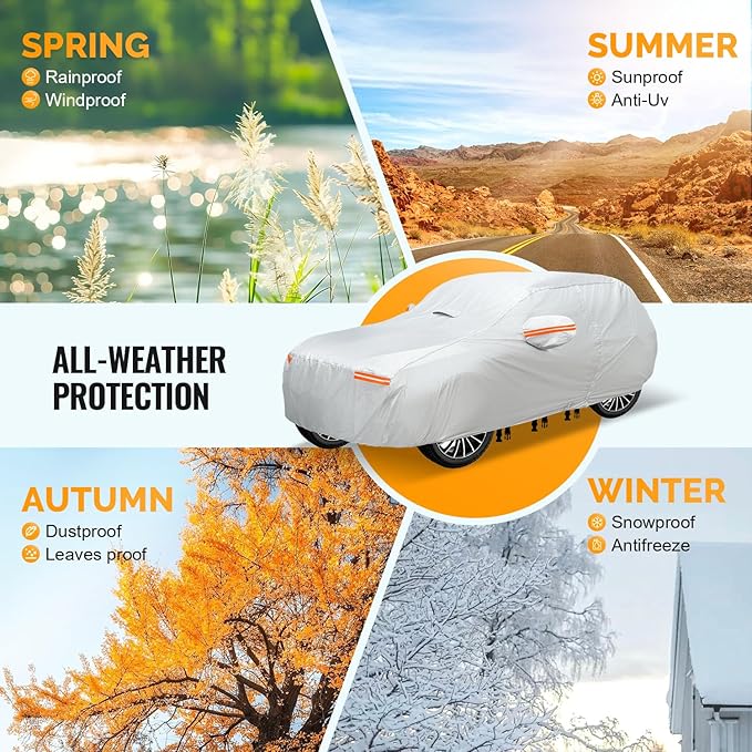 30 Layers SUV Car Cover for Automobiles All Weather Waterproof, Outdoor Snowproof UV Protection Windproof, Door Zipper, Soft Cotton, Heavy Duty Universal Car Covers, (Silver, Fit SUV 171"-180")