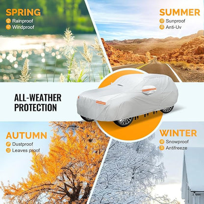 30 Layers SUV Car Cover for Automobiles All Weather Waterproof, Outdoor Snowproof UV Protection Windproof, Door Zipper, Soft Cotton, Heavy Duty Universal Car Covers, (Silver, Fit SUV 171"-180")