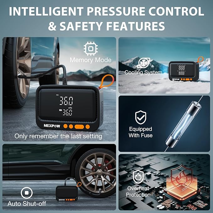 NEXPOW Tire Inflator Portable Air Compressor, 150 PSI Cordless Air Pump for Car Tires with Digital Pressure Gauge & Auto Shut-Off, Air Compressor Portable for Car, Motorcycle, Bicycle, Balls, Orange