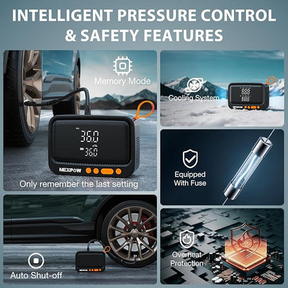 NEXPOW Tire Inflator Portable Air Compressor, 150 PSI Cordless Air Pump for Car Tires with Digital Pressure Gauge & Auto Shut-Off, Air Compressor Portable for Car, Motorcycle, Bicycle, Balls, Orange
