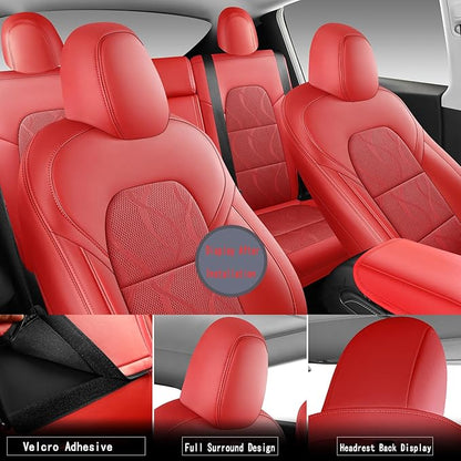 Tesla Model Y Seat Cover Full Set, Faux Leather Tesla Car Seat Cover, Perfect Suitable for Tesla Model Y 2020 2021 2022 2023 2024 2025 (Red)
