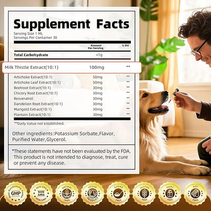 (2 Pack) Poppaw Milk Thistle for Dogs – 9-in-1 Liver & Kidney Support with Artichoke, Resveratrol, Marigold Extract, 100% Natural Detox Herbal Supplement, Chicken Flavor, 2 Oz