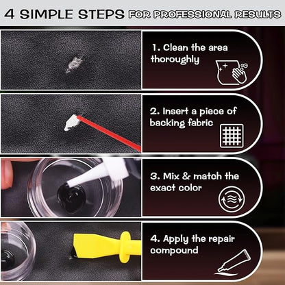 Black Leather & Vinyl Repair Kit, Fix Fading, Tears, Scratches, and Peeling on Leather and Vinyl Furniture, Car Seats, and Jackets, Easy Instruction with Color Mixing Guide