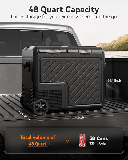 WOLFBOX 12V Car Refrigerator, 48 Quart Dual Zone Car Fridge, Portable Freezer(-8℉~68℉) with 12/24V DC 100/240V AC, APP Control Electric Cooler for Car, RV, Camping, Travel and Home Use