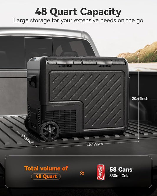 WOLFBOX 12V Car Refrigerator, 48 Quart Dual Zone Car Fridge, Portable Freezer(-8℉~68℉) with 12/24V DC 100/240V AC, APP Control Electric Cooler for Car, RV, Camping, Travel and Home Use