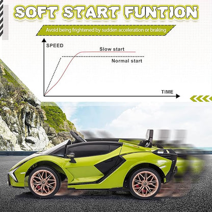 TOBBI Electric Ride On Car Toy for Kids to Drive, 12V Battery Powered Licensed Lamborghini SIAN with Parent Remote Control for Toddlers 3-6 Years w/Functions Spring Suspension/Horn/LED Lights-Green