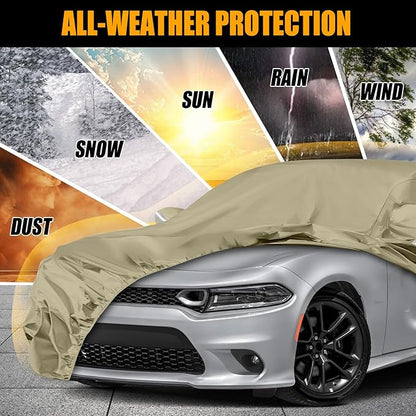 Waterproof Car Covers Replace for 2006-2025 Dodge Charger/Chrysler 300 300C, Multilayer Heavy Duty with Cotton Liner All Weather Car Cover with Zipper Door, Windproof Bands for Snow Rain Protection