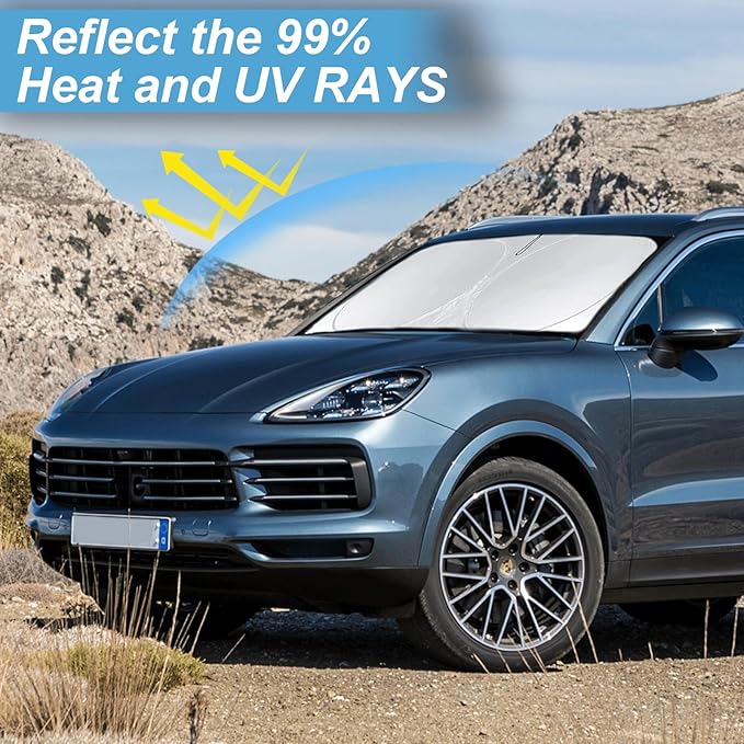 Custom Fit Cayenne Windshield Sunshade for 2019-2023 2024 2025 Upgrade Porsche Cayenne Front Window Sun Shades Shield Cover for Windshield Foldable 210T Sun Visor Protector Blocks UV Ray Accessories