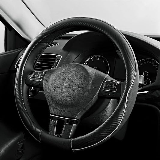 PIC AUTO Steering Wheel Cover, Gray Piping Leather, Sports Carbon Fiber and Super Breathable Leather, Universal 14.5-15.5 Inch Anti-Slip Steering Wheels Accessories for Men & Women