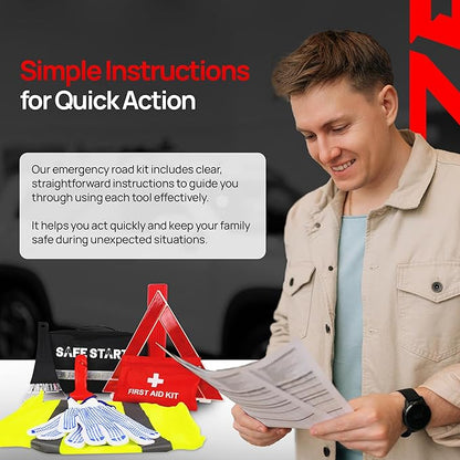 Car Emergency Kit - Car Safety Kit with First Aid, Safety Hammer, Reflectors, Gloves, Ice Shovel - Compact Roadside Tool Kit for Repairs, Snow, Accidents - Protect Your Family on The Road