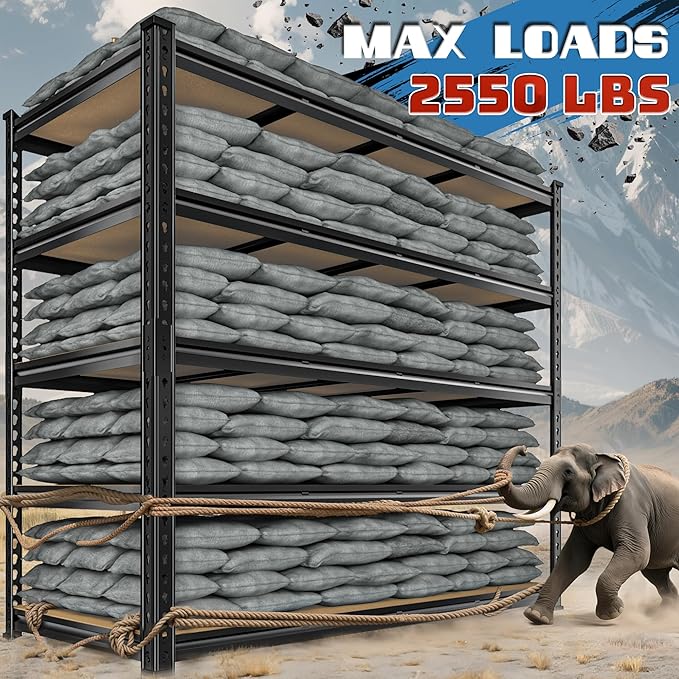 55" W Storage Shelves, 2550LBS Garage Shelving Heavy Duty, 5-Tier Heavy Duty Shelving, Adjustable Metal Shelving Unit for Garage, Warehouse, Pantry, Kitchen, 55" W × 24" D × 72" H, Black