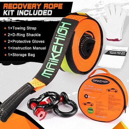 MAIKEHIGH Tow Strap Heavy Duty with Hooks, 2"×16ft 22,000Lbs Tow Rope with D-Ring Shackles (2pcs) + Protective Gloves (2pcs), Emergency Recovery Strap for Car Truck SUV ATV (Orange)
