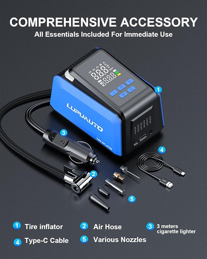 Tire Inflator Portable Air Compressor, 2X Faster Inflation, 150PSI Air Pump for Car Tires with Digital Pressure Gauge/LED Light for Car, Motorcycle, Bicycle, Balls and More