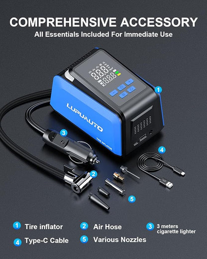 Tire Inflator Portable Air Compressor, 2X Faster Inflation, 150PSI Air Pump for Car Tires with Digital Pressure Gauge/LED Light for Car, Motorcycle, Bicycle, Balls and More