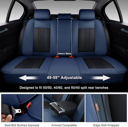Car Seat Covers Full Set, Front and Rear Seat Covers for Cars, Waterproof Leather Auto Seat Protectors with Head Pillow, Car Seat Cushions Fit for Most Sedans SUV Pick-up Truck, Black&Navy