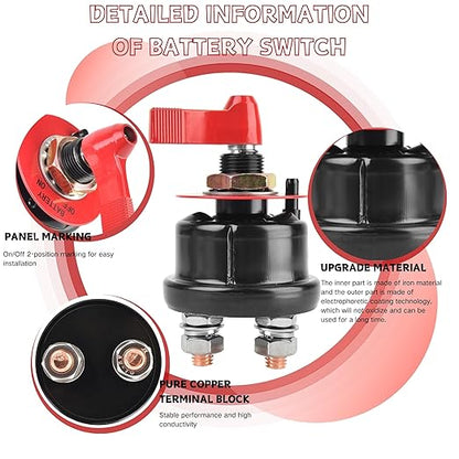 12V Battery Disconnect Switch with Panel, High Current Battery Cut Off Switch, Heavy Duty Kill Switch for Cars, Trucks, Boats, RVs, Forklifts and Heavy Equipment