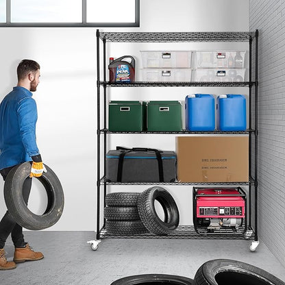 5 Tier Wire Shelf Shelving Unit, 60"x 24"x82" Metal Storage Shelves, Heavy Duty Garage Storage Shelves with Wheels, Chrome 3000LBS Capacity Wire Shelf Rack for Restaurant, Garage, Pantry, Kitchen