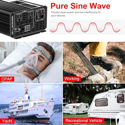 Xijia Pure sine Wave Inverter 2000w Power Inverter (Peak Power 4000W) dc 12v to 110v 120V ac rv Converter (DC12V (Range 10V-15V) 2000W)