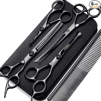 Gimars 7inch Professional 4CR Stainless Steel 6 in 1 Grooming Scissors for Dogs with Safety Round Tip, Heavy Duty Titanium Coated Pet Grooming Scissor for Dogs, Cats and Other Animals