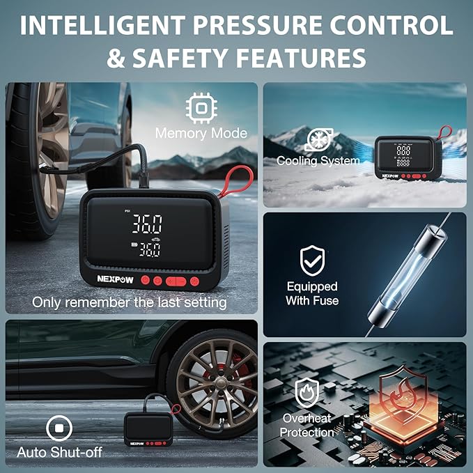 NEXPOW Tire Inflator Portable Air Compressor, 150 PSI Cordless Air Pump for Car Tires with Dual Digital Pressure Gauge and Auto Shut-Off, Portable Tire Inflator for Car, Motorcycle, Bicycle, Balls etc