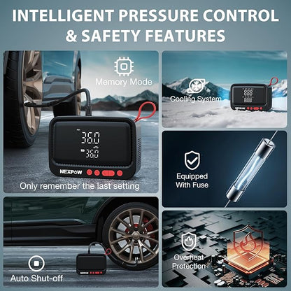 NEXPOW Tire Inflator Portable Air Compressor, 150 PSI Cordless Air Pump for Car Tires with Dual Digital Pressure Gauge and Auto Shut-Off, Portable Tire Inflator for Car, Motorcycle, Bicycle, Balls etc