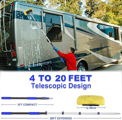 Buyplus Car Wash Brush with 20FT Long Handle, Car Brushes for Washing 12-Inch Soft Bristles with Aluminium Telescoping Pole for Scratch-Free Cleaning RV, House Siding, Floors, Solar Panels,Blue