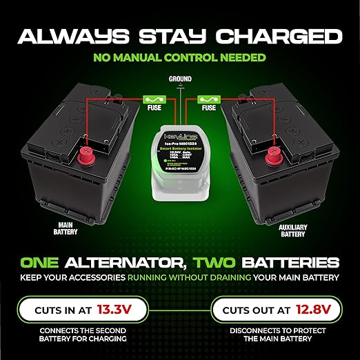 Dual Battery Isolator Kit 12V - 140 Amp Multi-voltage 12v or 24v Kit (VSR) for Dual Battery Setup - Automatic Disconnect Switch for Car, Truck, RV, UTV, ATV, Marine - Battery Wiring Kit