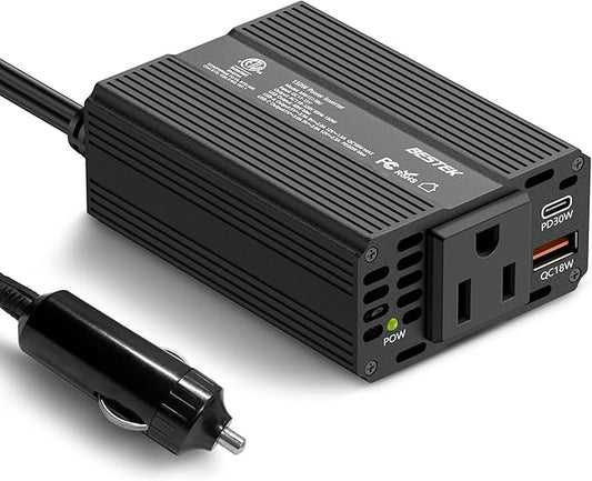 BESTEK 150W Car Power Inverter, DC 12V to 110V AC Converter PD 30W QC 3.0 18W USB Charger Laptop Car Charger Outlet Power Adapter for Car