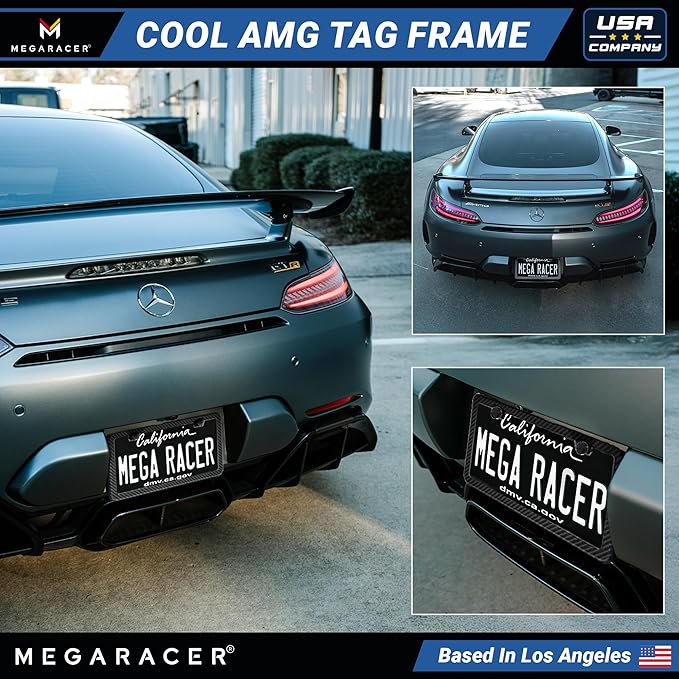 Premium Slim Carbon Fiber Design License Plate Frames – 2 Pack, Rust-Free Stainless Steel & Rattle-Free, Street Legal, Universal with Screw Caps Cover, Thin Metal Front & Rear Car Tag Holders for Men