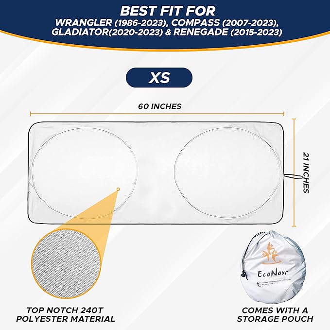 EcoNour Jeep Windshield Sunshade | Sun Visor for UV Rays & Heat Protection | Suitable for Wrangler, Gladiator | Jeep Accessories for Wrangler | X-Small - 60x21 Inches