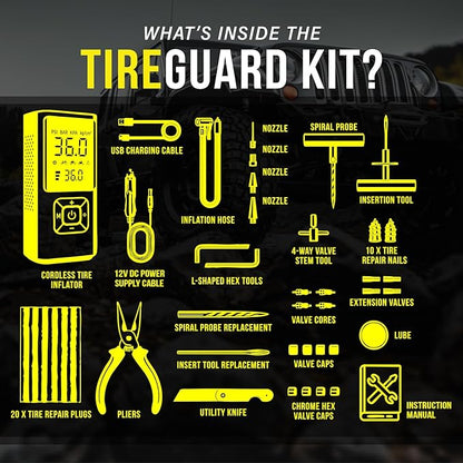 Tire Repair Kit with Air Compressor Car Emergency Kit with Universal Tire Plugs Repair Nails To Fix Punctures Roadside Assistance for Car Truck SUV Motorcycle ATV Tractor Trailer.