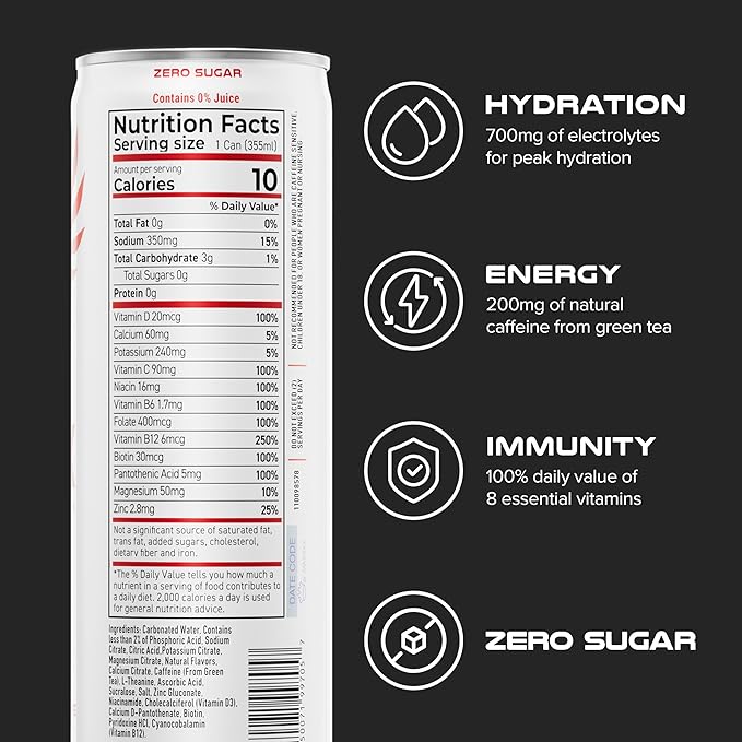 PHX Hydration Energy Drink - 700mg Electrolytes, 200mg Natural Green Tea Caffeine, 100% Daily Value 8 Essential Vitamins - 12 oz Cans (12 Pack) (12 Pack, Watermelon Lime)