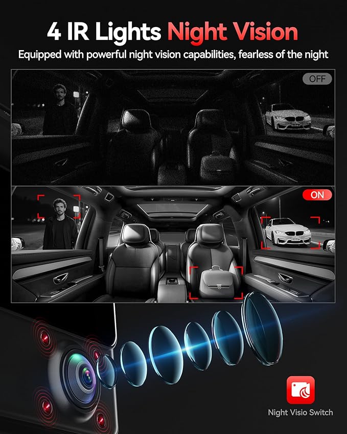 REDTIGER 530° Dash Cam 3 Channel, 2.5K+2.5K+1080P Triple Car Camera with 128GB Card, IR Night Vision, Touch Screen, Dashcam for Front Inside Rear Included WiFi GPS, 24H Parking Mode