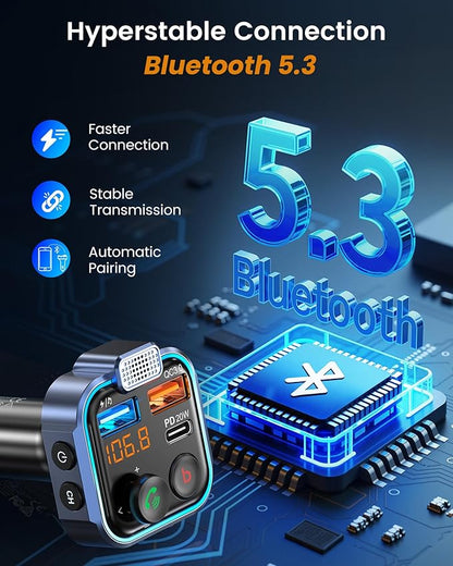 LENCENT FM Transmitter in-Car Adapter, Type-C PD 20W+ QC3.0 Fast USB Charger, Wireless Bluetooth 5.3 Radio Car Kit, Hands-Free Calling, MP3 Player Receiver Hi Fi Bass, Support U Disk