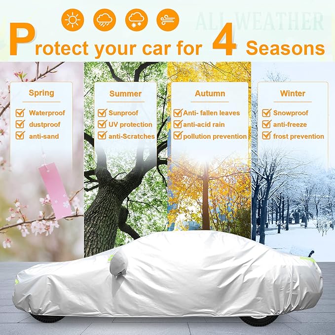 Waterproof Car Cover All Weather Snowproof UV Protection Windproof Outdoor Full car Cover, Universal Fit for Sedan (Fit Sedan Length Length 192"-208", Silver)