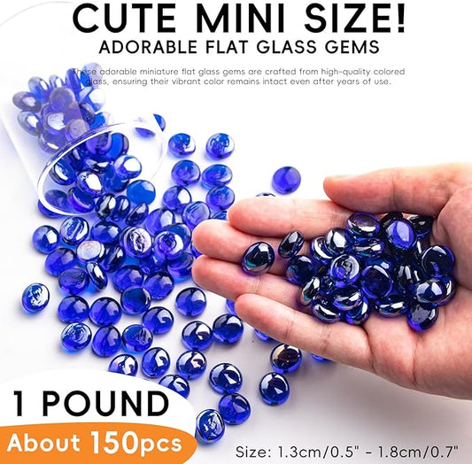 1 LB Blue Glass Marbles, Mini Flat Glass Beads~150 PCS for Vase Fillers, Floral Bottom Mancala Gems Pebbles Fish Tank Rocks for Table Aquarium,Home Decor Art Craft Supplies(0.5"~0.7")