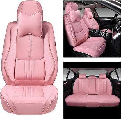 Car Seat Covers Full Set, Front and Rear Seat Covers for Cars, Waterproof Leather Auto Seat Protectors with Head Pillow, Car Seat Cushions Fit for Most Sedans SUV Pick-up Truck, Pink