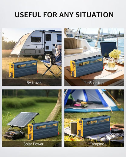 3000W Pure Sine Wave Power Inverter DC 24V to 110V 120V AC with 4 Quick Charging USB Ports& Dual AC Outlets Power Inverters for Vehicles RV Truck Home with LCD Display and Remote Controller