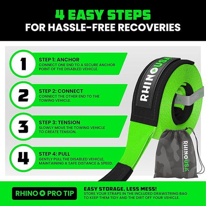 Rhino USA Recovery Tow Strap (3" x 30') - 31,518lb Break Strength - Emergency Recovery Strap Tow Rope for Truck, UTV, ATV & More - Heavy Duty Towing Strap for Offroad 4x4 Use - Compatible with Jeep