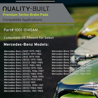 Premium Semi-Metallic Front Brake Pads (1001-0145AM) Compatible with 1979-1991 Mercedes-Benz (240D/280CE/280E/280SE/300CD/300D/300SD/300SDL/300SE/300SEL/300TD/350SD/350SDL/380SE/380SEL)
