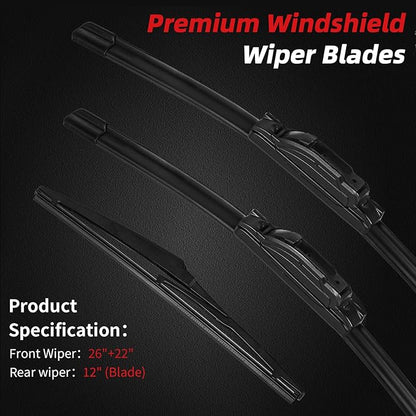 OTUAYAUTO Premium Windshield Wiper Blades - Replacement for Toyota Venza 2009-2016 - Precision Fit, All-Weather Performance, Front and Rear Wiper Blades, J/U Hook - 26"+22"+12" (Pack of 3)