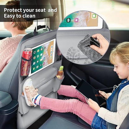 LUCMO Car Backseat Organizer with Touch Screen Tablet Holder,9 Storage Pockets Car Storage Organizer,Protectors Kick Mats Travel Accessories for Kids-Grey
