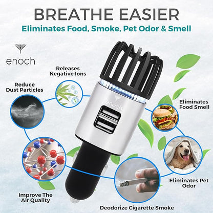 Enoch Car Air Purifier Premium Air Ionizer - 12V Plug-In Ionic Ozone Deodorizer Accessory with Dual USB Car Charger - Eliminates Cigarette Smoke, Pet and Food Odors, Dust (Gray Silver)