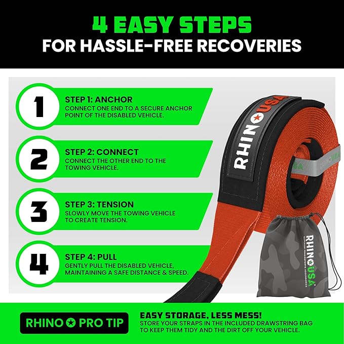 Rhino USA Recovery Tow Strap (4" x 30') - 40,320lb Break Strength - Emergency Recovery Strap Tow Rope for Diesel Trucks, Backhoe, Excavators & More - Heavy Duty Towing Strap for Offroad 4x4 Use (Red)