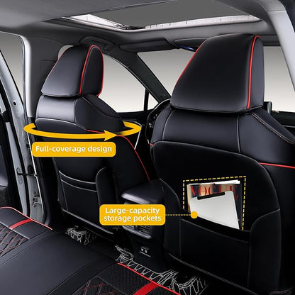 Custom Fit RAV4 Seat Covers for 2019-2025 Toyota RAV4 Hybrid LE,XLE,XLE Premium,Limited Full Coverage Waterproof Leather Car Seat Covers Full Set (Black with Red Trim)